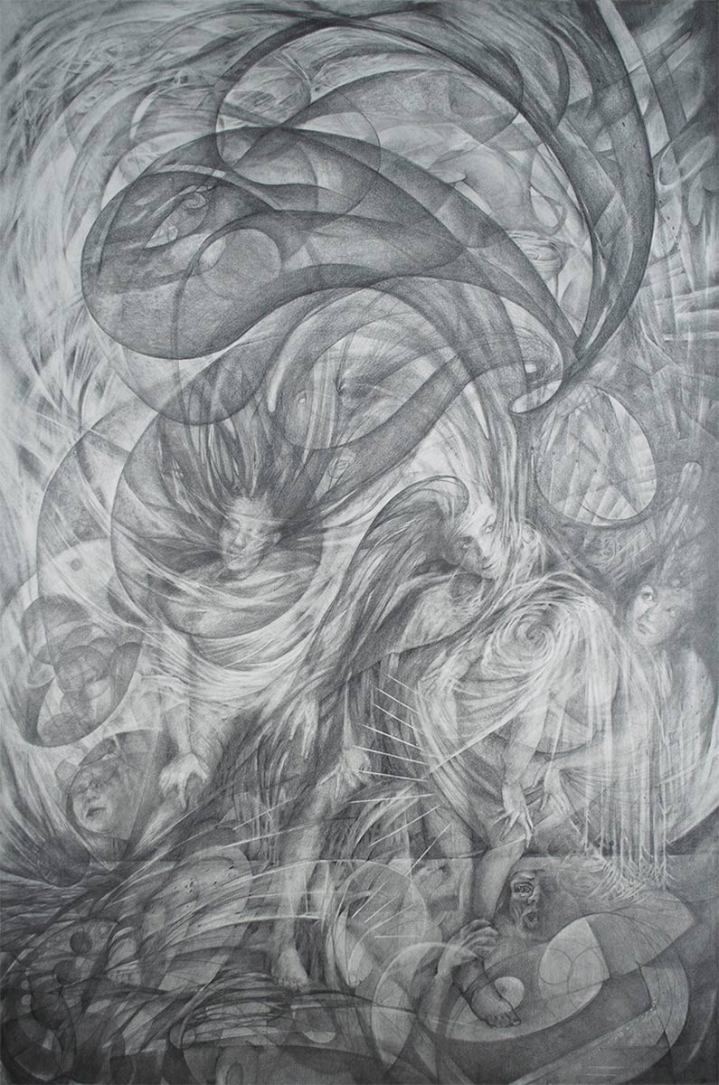 CHAOS-large-graphite-drawing about hurricanes and climate change-by-artist-Elizabeth-Reed