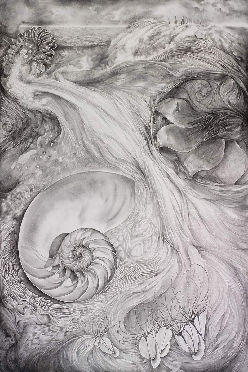 IMPETUS is a large graphite drawing-about hydro-electric-power by artist Elizabeth Reed