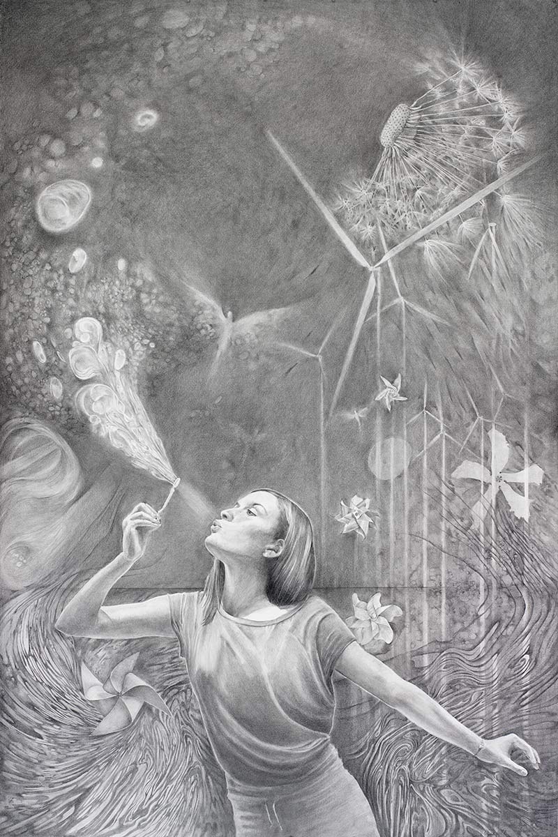 ZEPHYR large graphite drawing about wind power generators by artist Elizabeth reed
