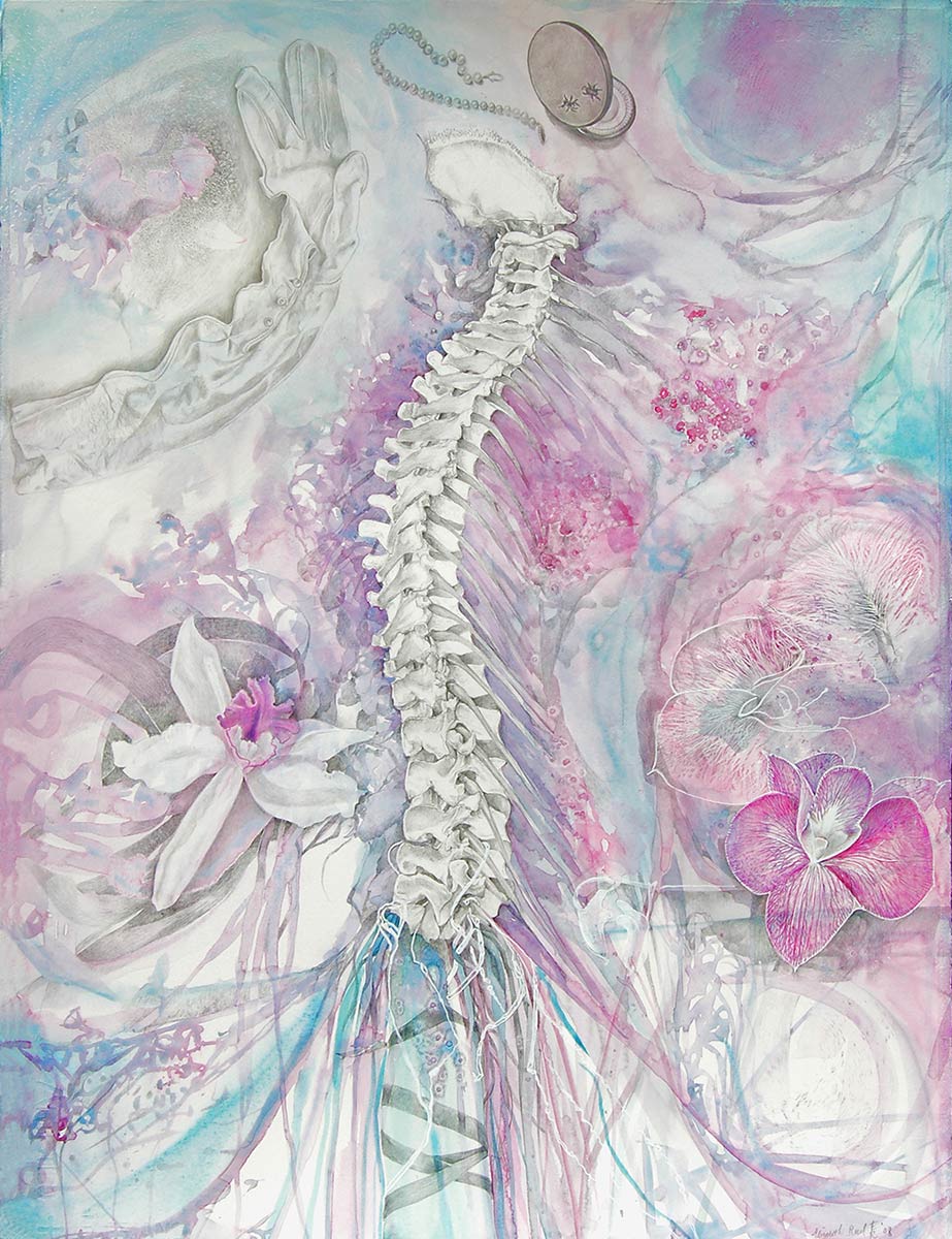 PRURIENT-APPARITION-spine-drawing-by-artist-Elizabeth-Reed-gold-point-pearls-orchids-kid-gloves-compact