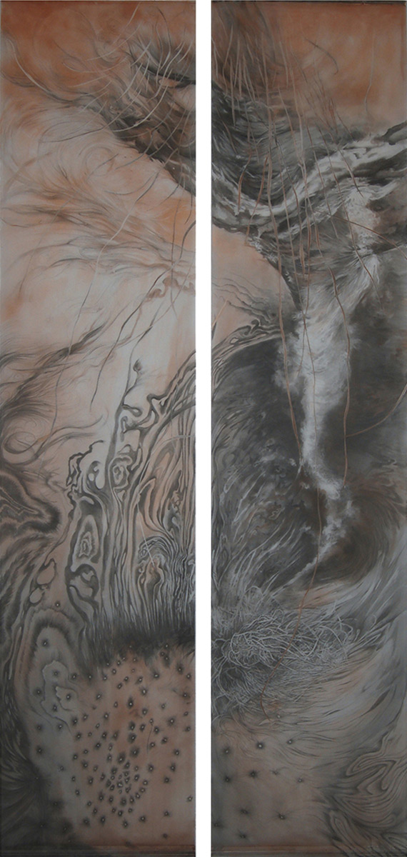 THE VORTEX SCROLLS is a graphite and metallic pigment drawing on mylar by artist Elizabeth Reed