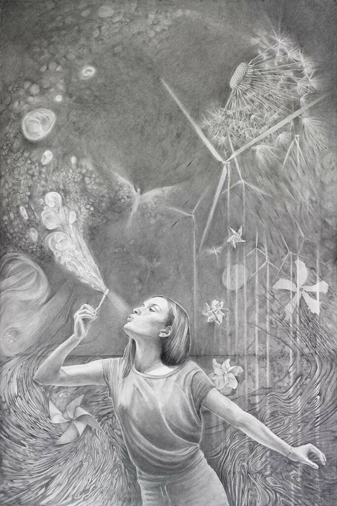 ZEPHYR large graphite drawing about wind power generators by artist Elizabeth reed