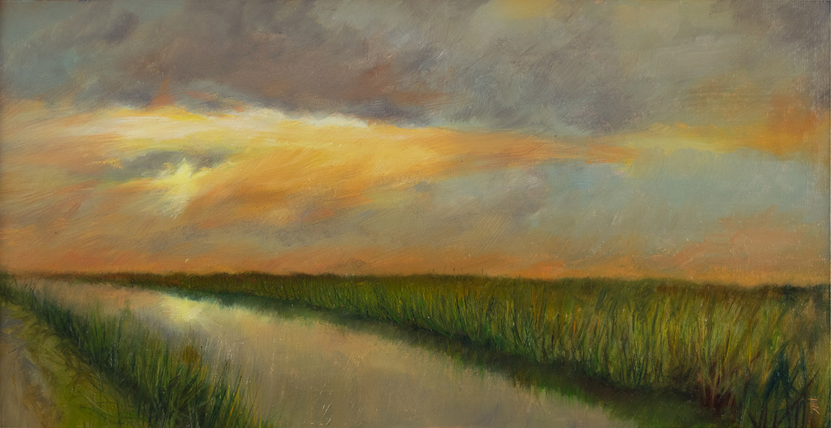 Twilight oil painting of sunset over the Florida Everglades by artist Elizabeth Reed