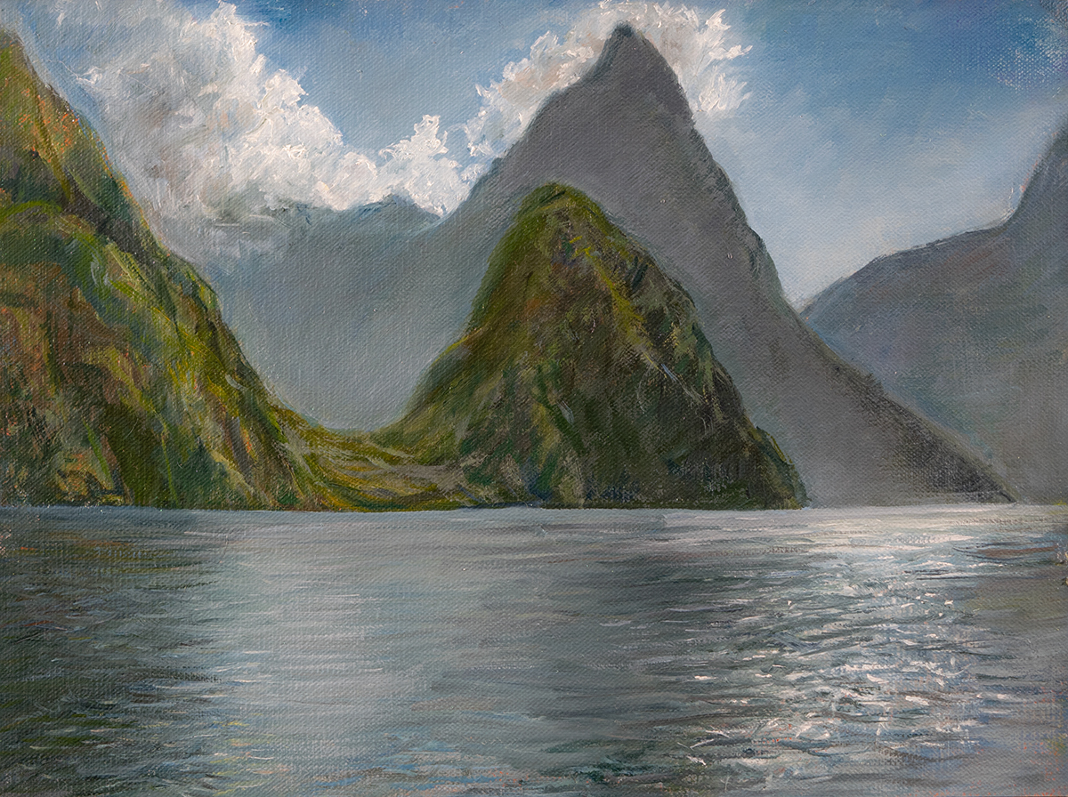Oil painting of Mitre Peak at Milford Sound, New Zealand by artist Elizabeth Reed