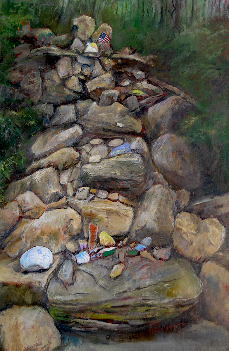 Remember a Plein air painting of a shrine in the woods by artist Elizabeth Reed