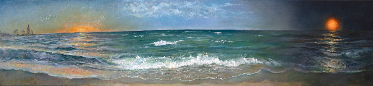 Oil painting of the beach from sunrise to moonrise by artist Elizabeth Reed