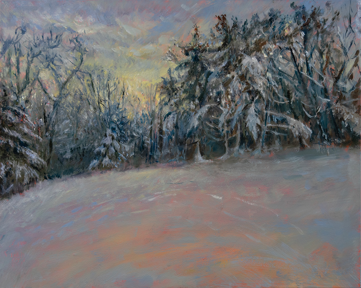 Oil painting of sunrise reflection on snow in Walpole Maine by artist Elizabeth Reed