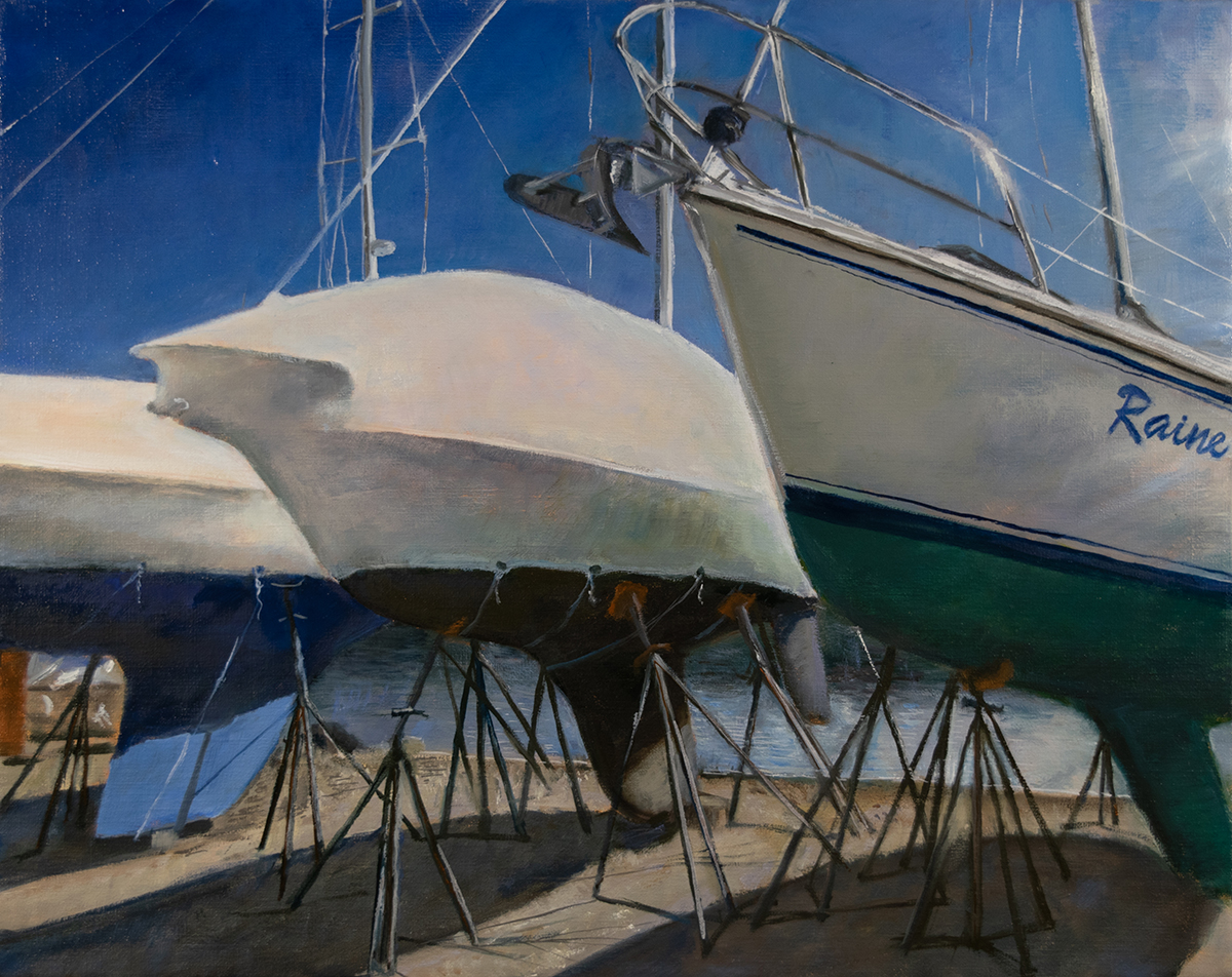 Oil painting of Gamage Shipyard yachts wrapped for the winter by artist Elizabeth Reed