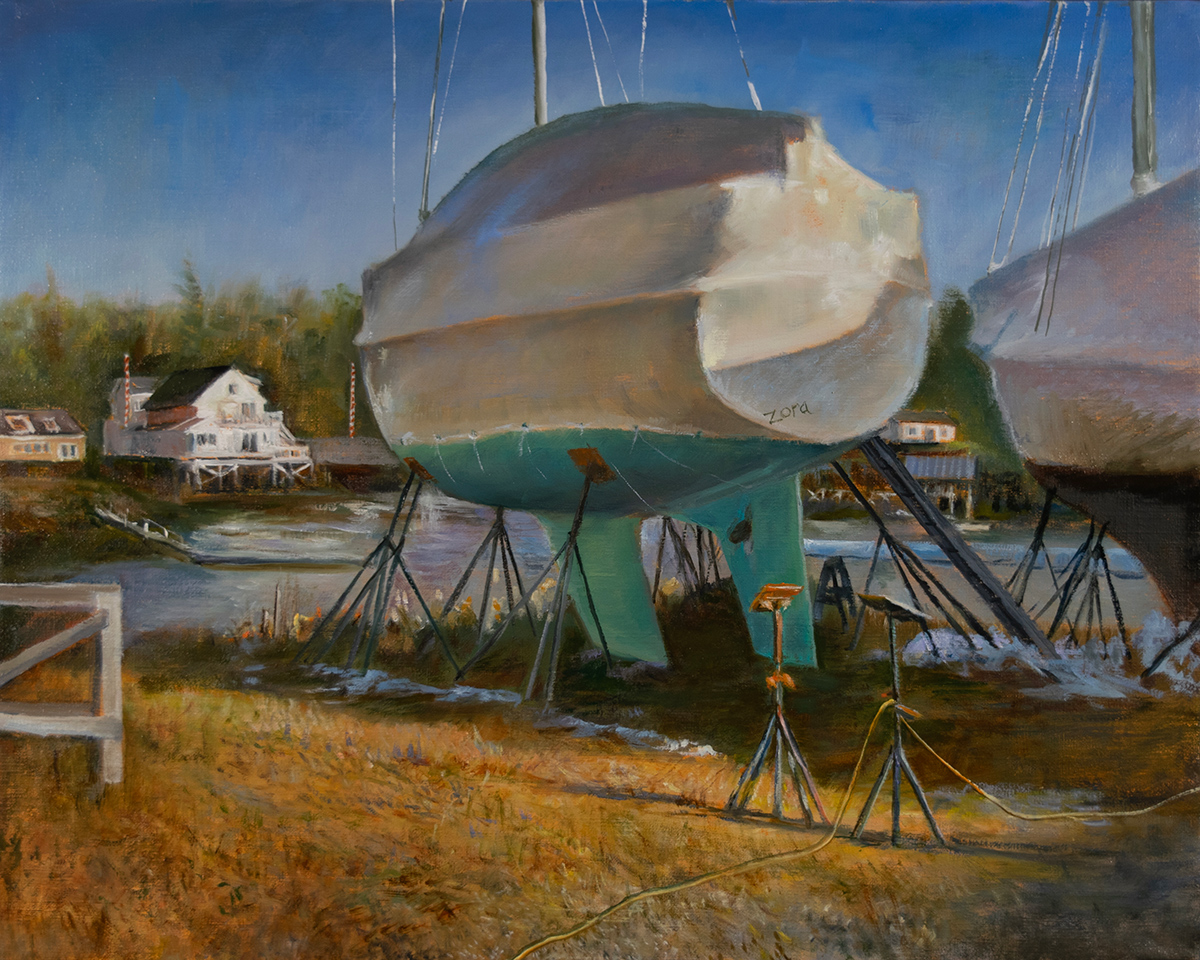 Oil painting of sailboats in shipyard wrapped in plastic for Maine winter by artist Elizabeth Reed.
