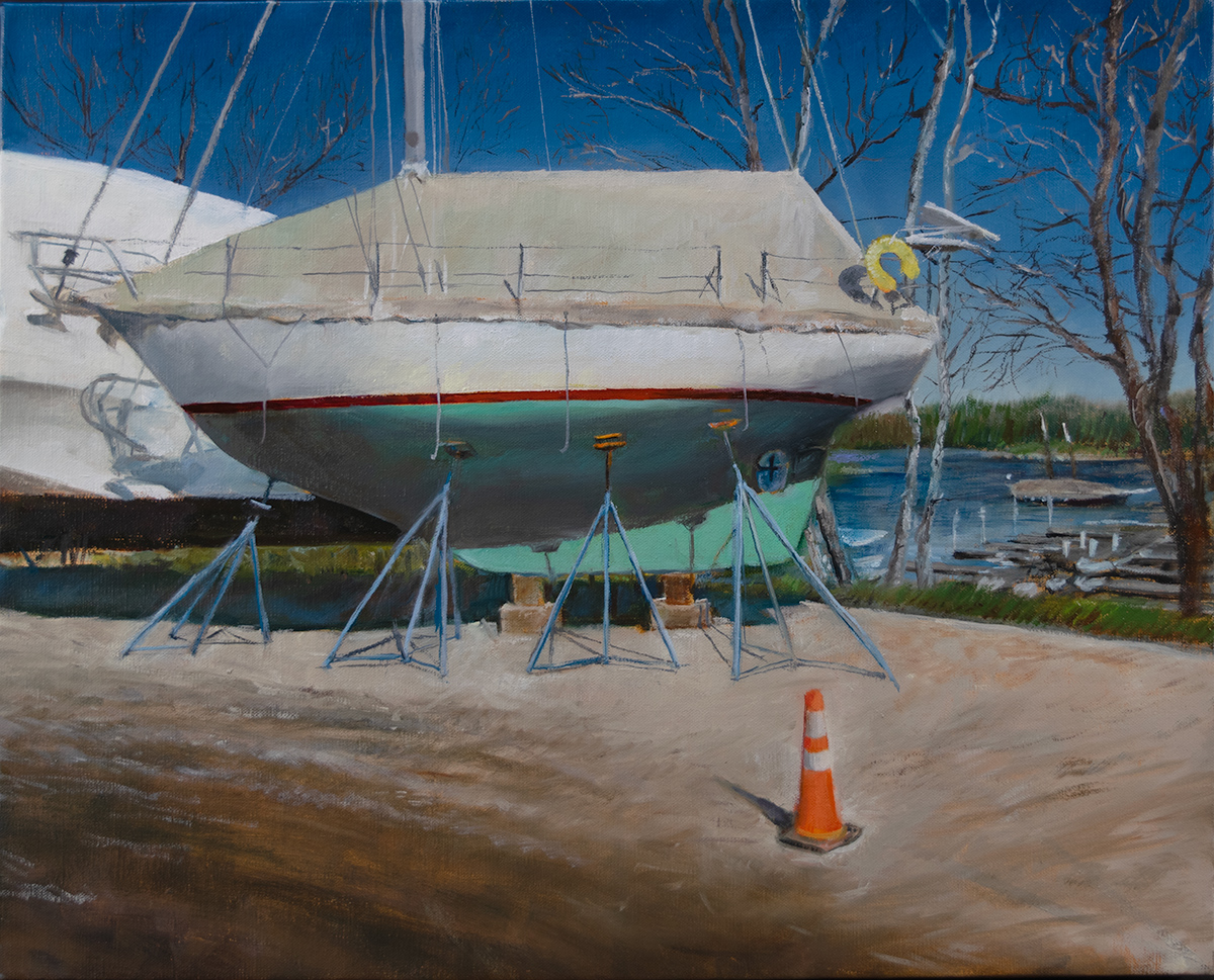 Chinook Napping oil painting of Derecktor Boat Yard in Robinhood Maine .
