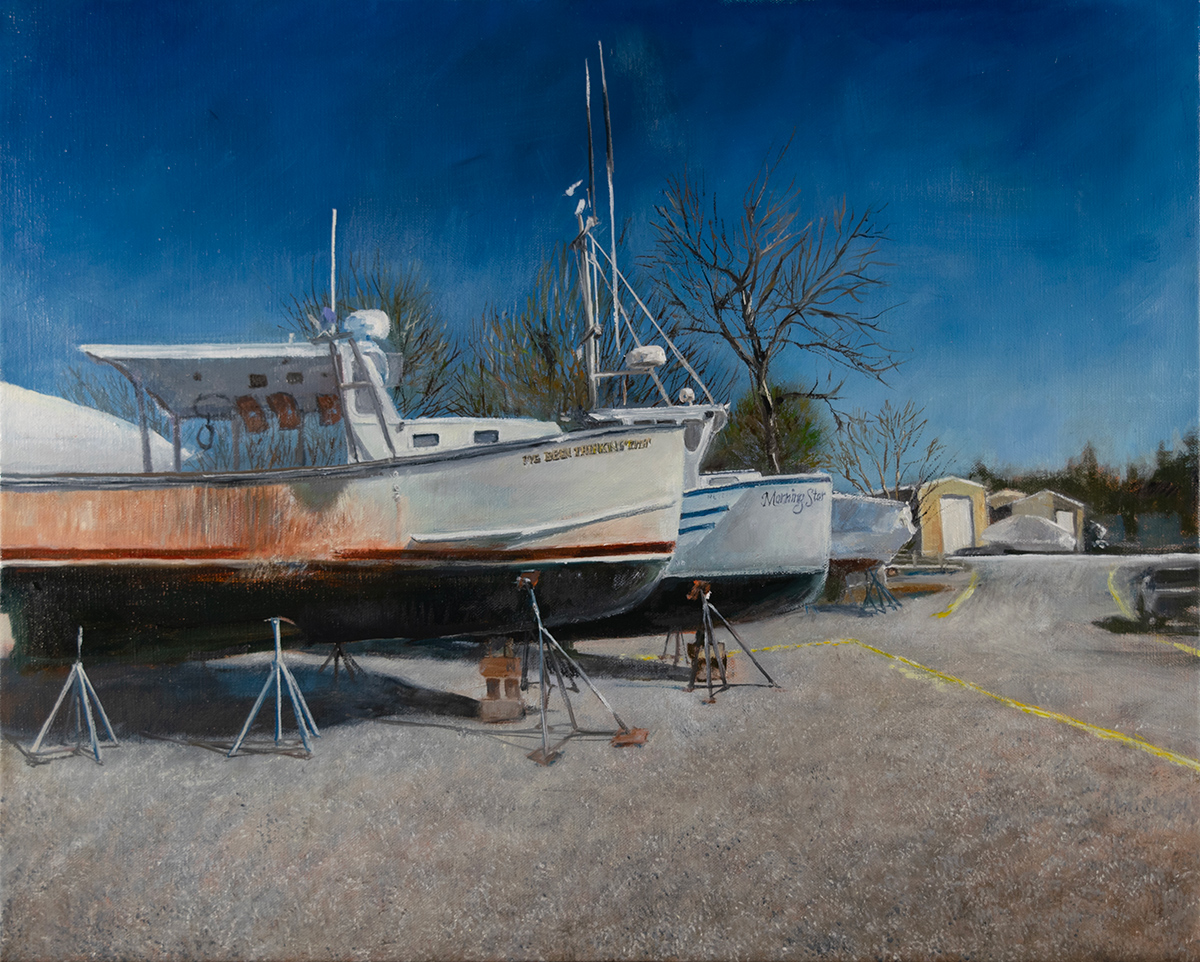 I've Been Thinking "Ruth" an oil painting of boats on the hard at The Hodgdon Shipyard in Southport Maine.